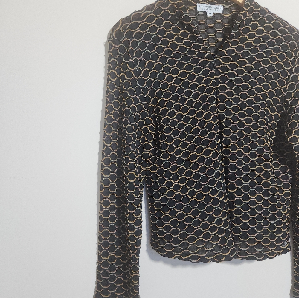 Andria Lieu Collection Quarter Zip Blouse Black Multi Textured Sheer M - Picture 2 of 9